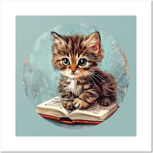 Cute cat reading book children illustration Posters and Art